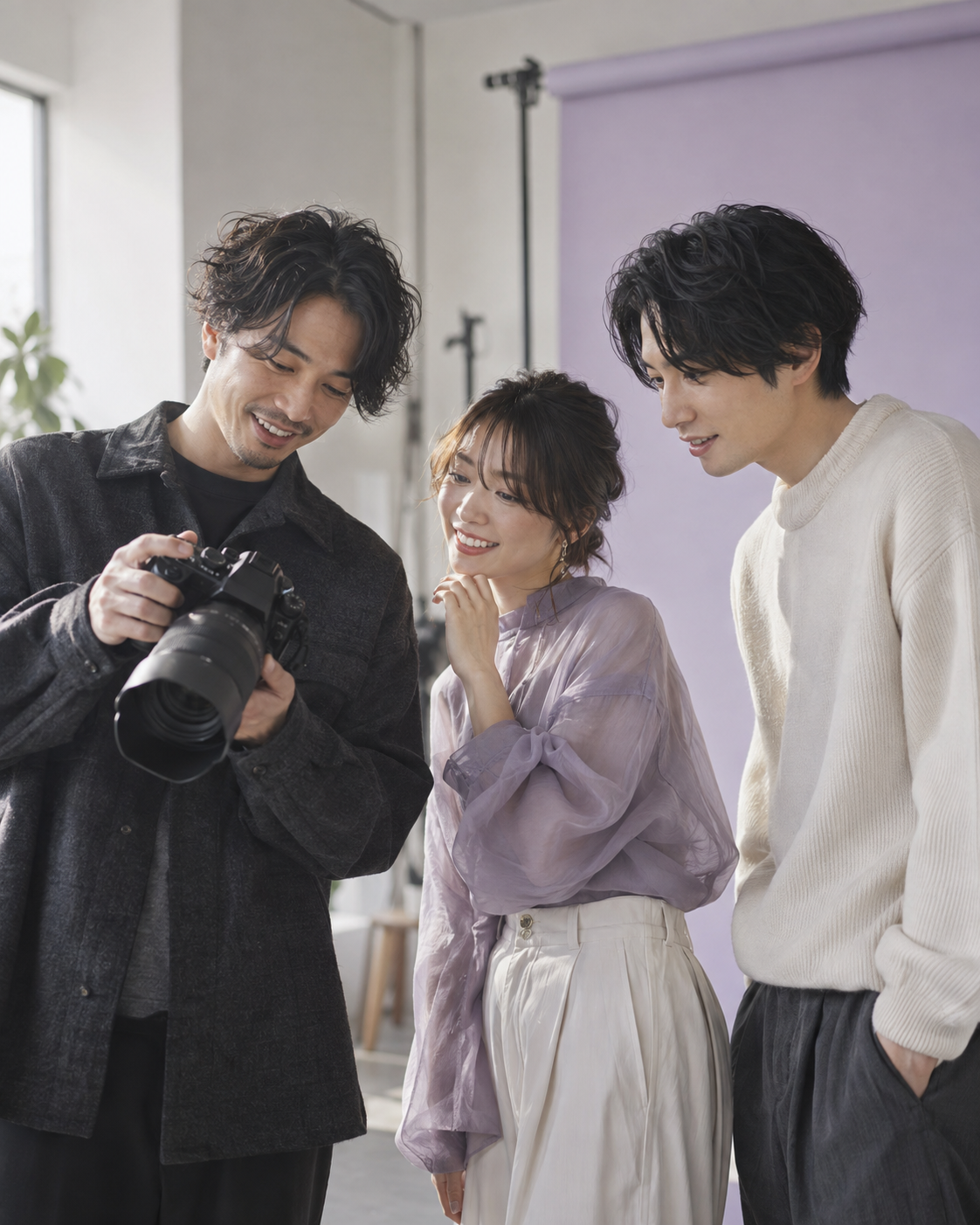 スタジオでカメラを囲み、撮影のアイデアを話すクリエイターたちのイメージ